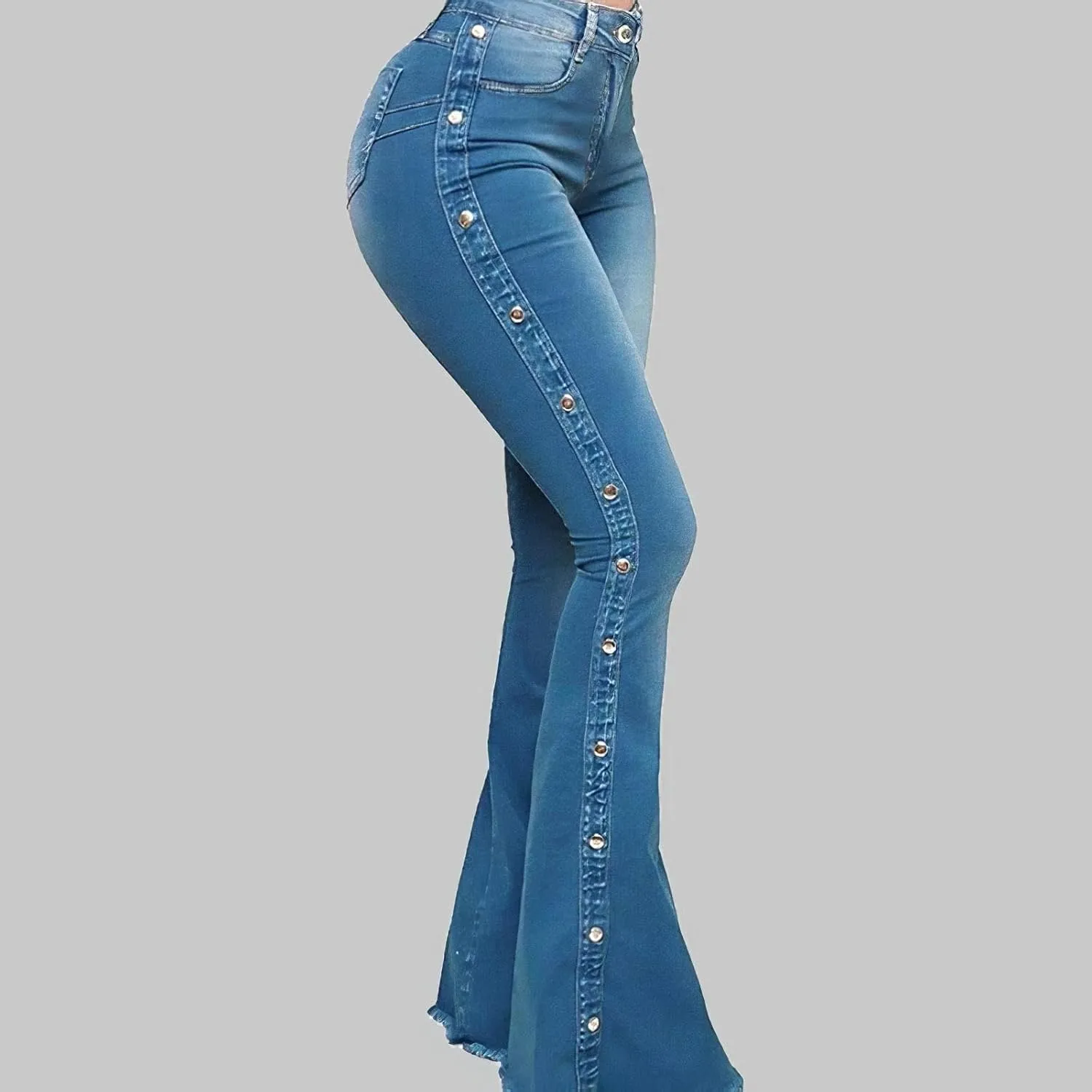 Women's Vintage Rivet Bell Bottom Jeans Stretch High Waisted Flare Jeans Casual Raw Hem Skinny Denim Pants