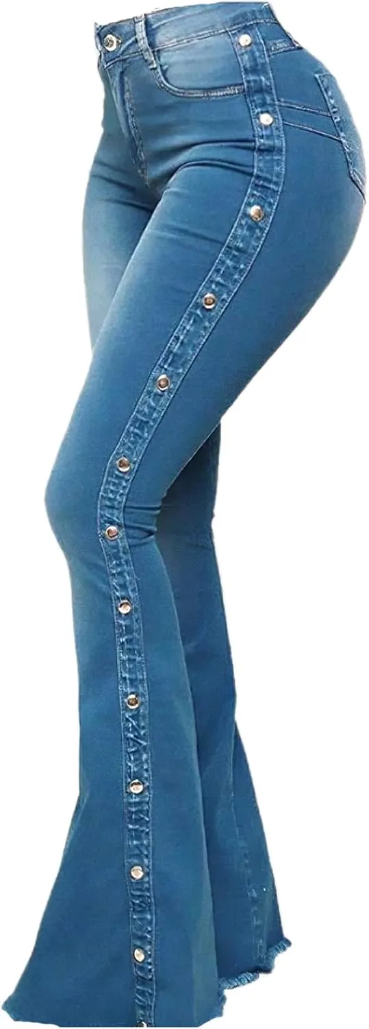 Women's Vintage Rivet Bell Bottom Jeans Stretch High Waisted Flare Jeans Casual Raw Hem Skinny Denim Pants