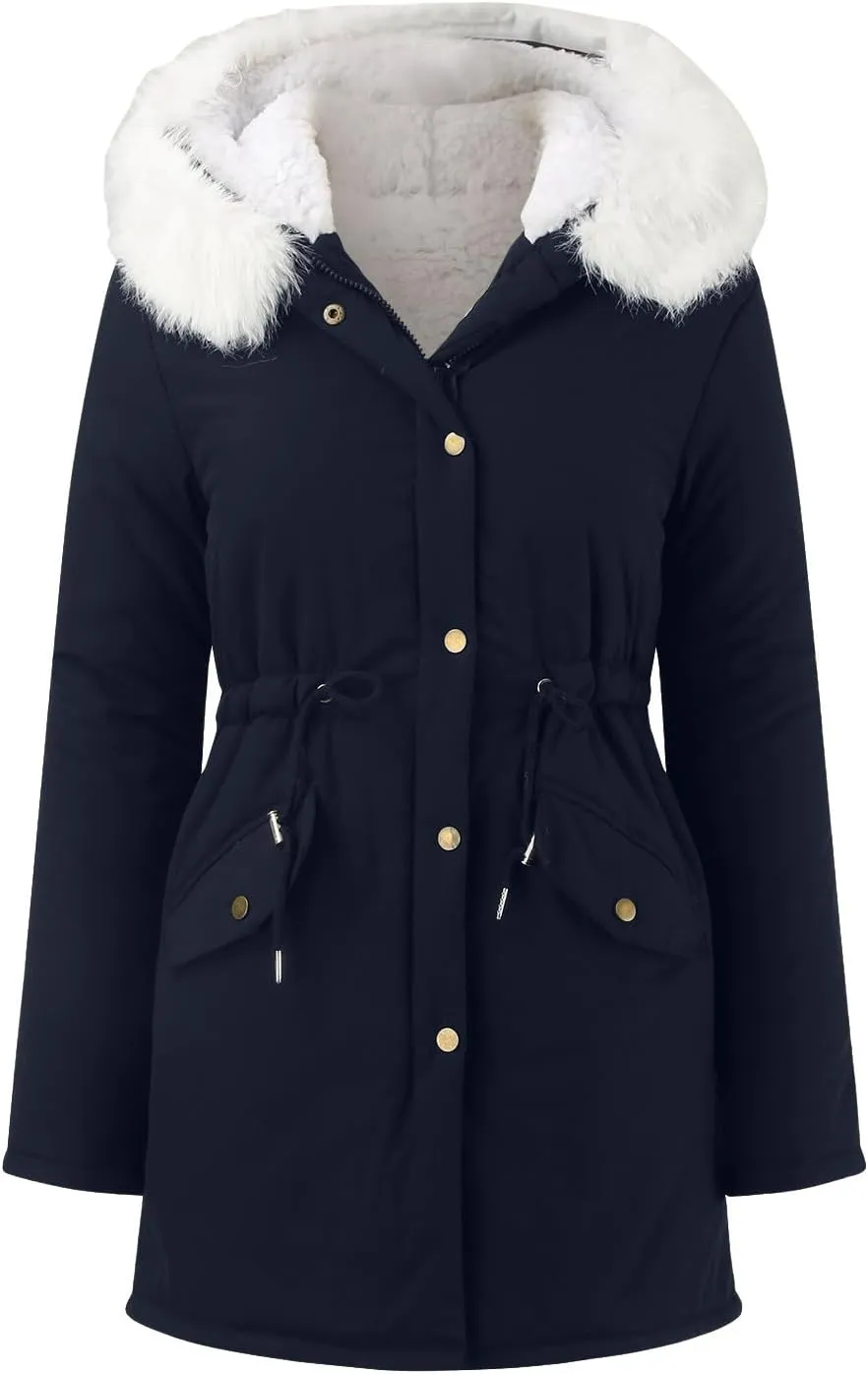 Women's Warm Winter Puffer Coat Thicken Fleece Lined Down Jacket Faux Fur Hooded Snow Parka Overcoats with Pockets