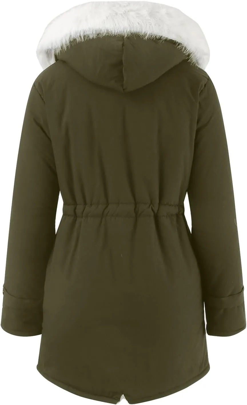 Women's Warm Winter Puffer Coat Thicken Fleece Lined Down Jacket Faux Fur Hooded Snow Parka Overcoats with Pockets