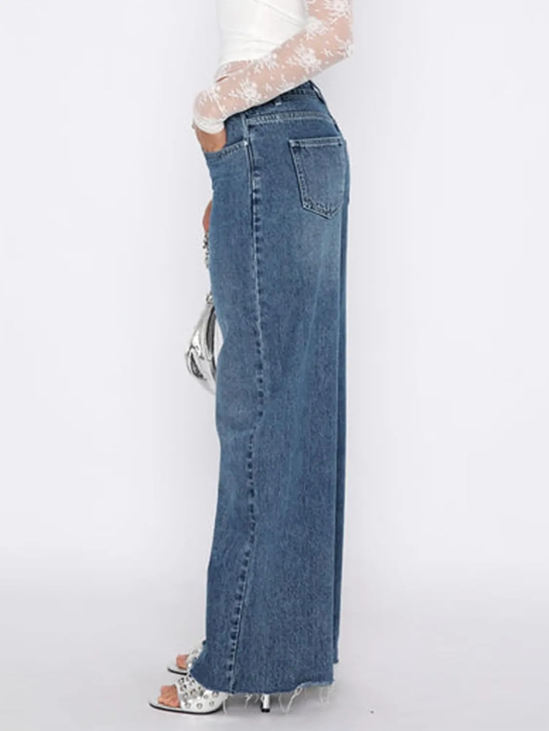 Women's Wide Leg High Waisted Raw Hem Loose Baggy Jeans Denim Pants