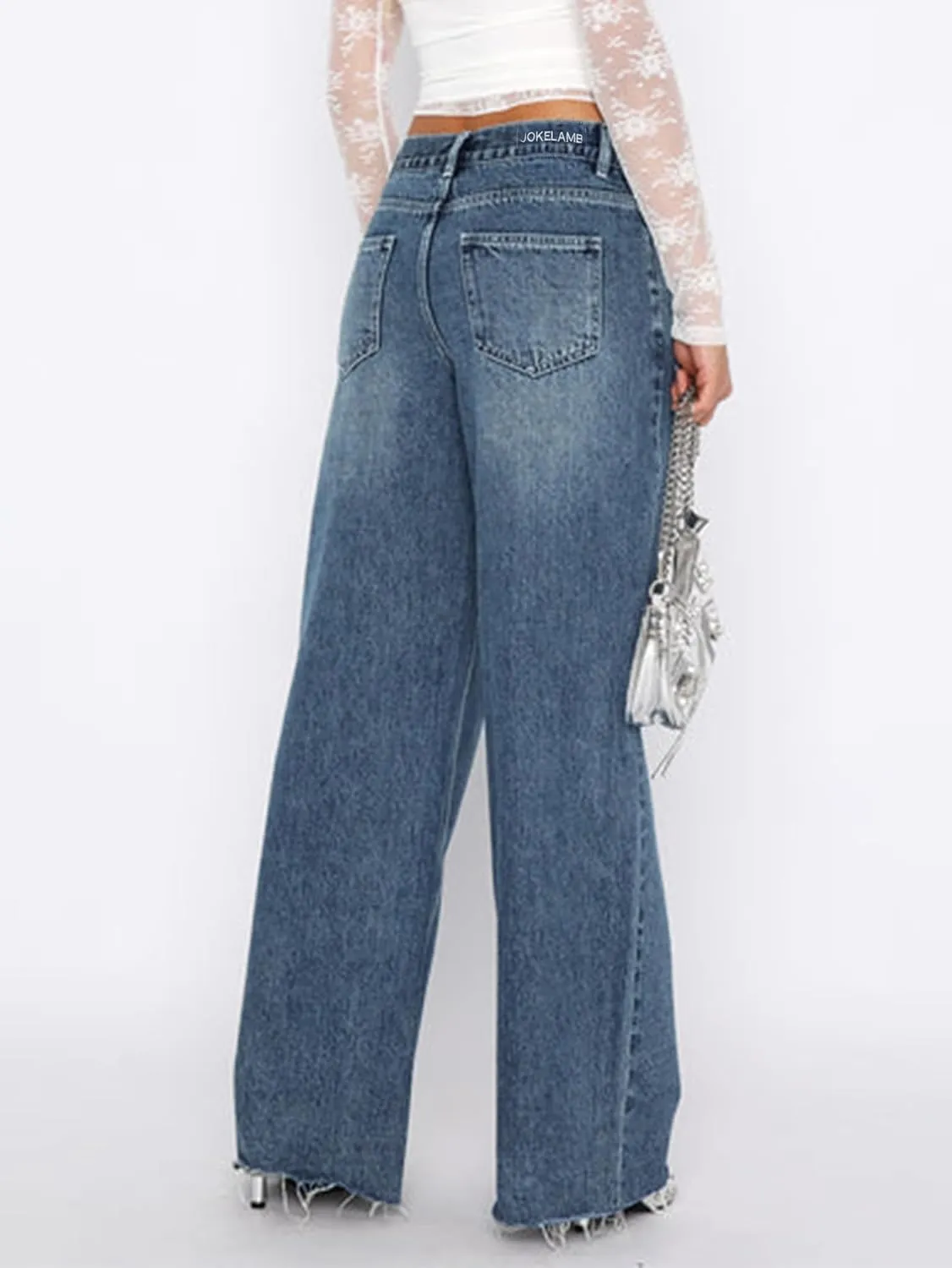 Women's Wide Leg High Waisted Raw Hem Loose Baggy Jeans Denim Pants