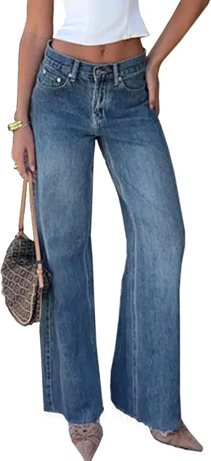 Women's Wide Leg High Waisted Raw Hem Loose Baggy Jeans Denim Pants