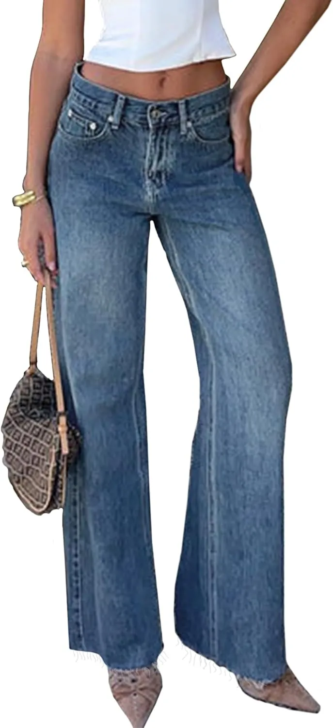 Women's Wide Leg High Waisted Raw Hem Loose Baggy Jeans Denim Pants