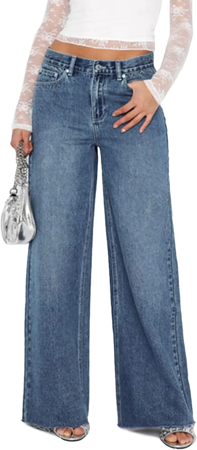Women's Wide Leg High Waisted Raw Hem Loose Baggy Jeans Denim Pants