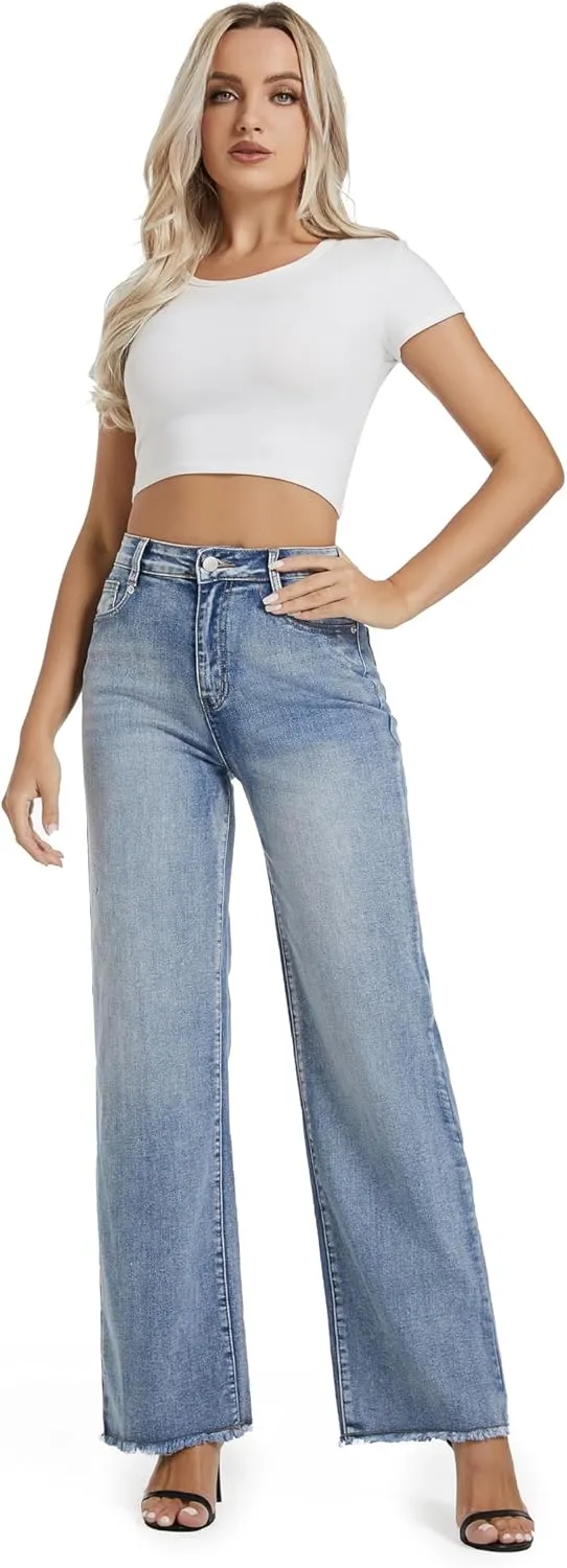 Women's Wide Leg Jeans High Waisted Strechy Jeans for Women Straight Raw Hem Loose Casual Denim