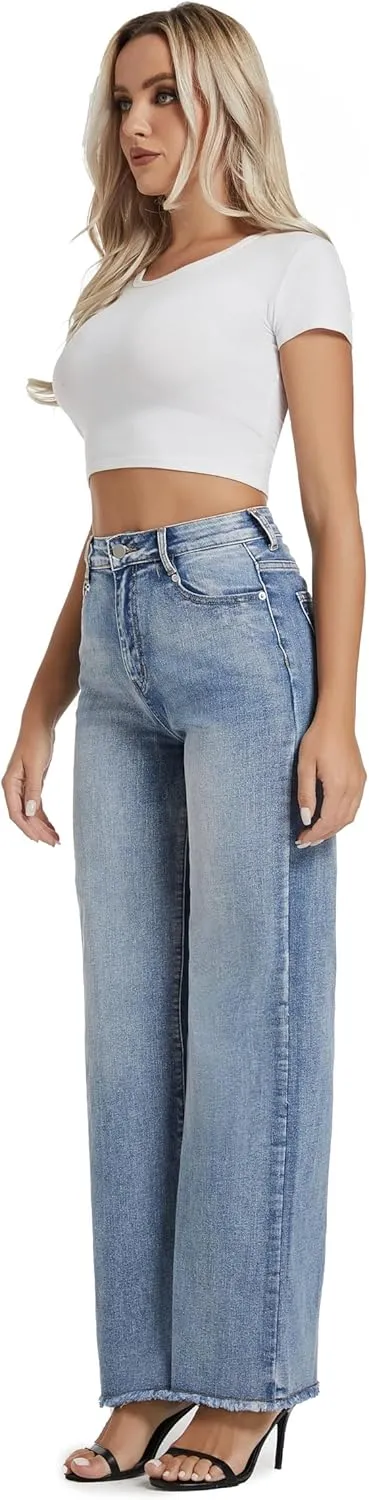 Women's Wide Leg Jeans High Waisted Strechy Jeans for Women Straight Raw Hem Loose Casual Denim
