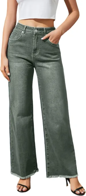 Women's Wide Leg Jeans High Waisted Strechy Jeans for Women Straight Raw Hem Loose Casual Denim