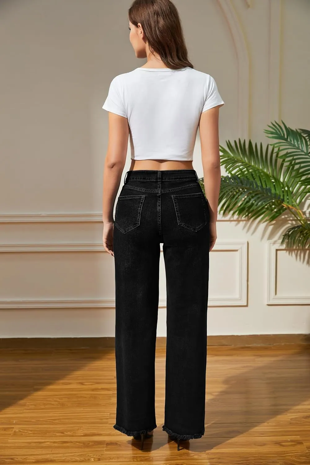 Women's Wide Leg Jeans High Waisted Strechy Jeans for Women Straight Raw Hem Loose Casual Denim
