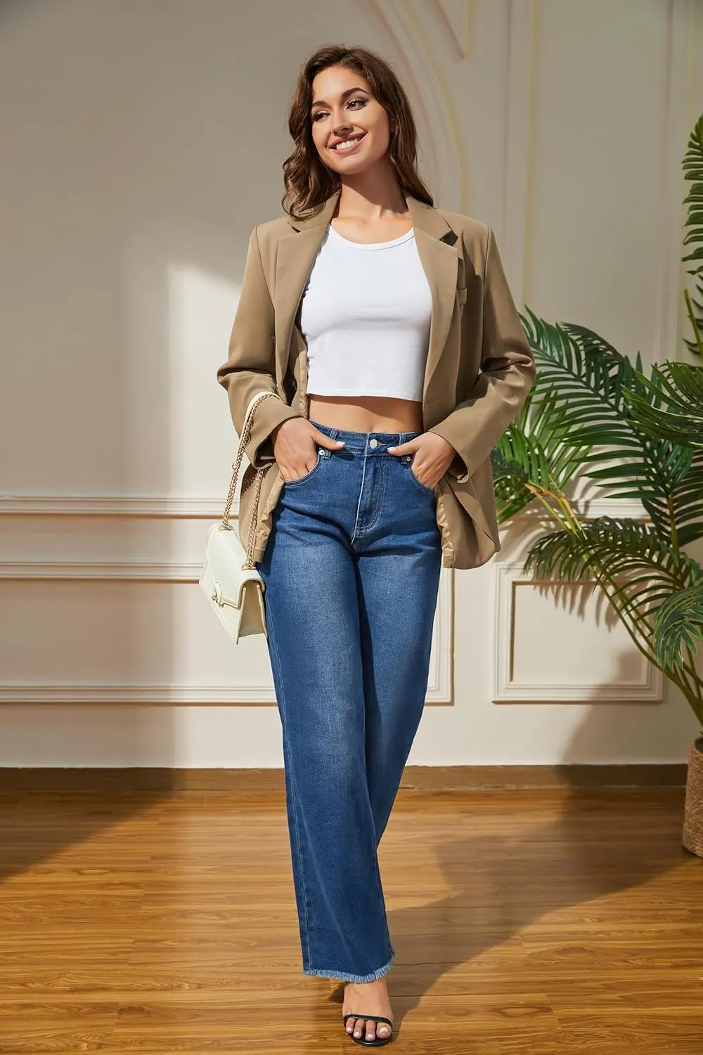 Women's Wide Leg Jeans High Waisted Strechy Jeans for Women Straight Raw Hem Loose Casual Denim