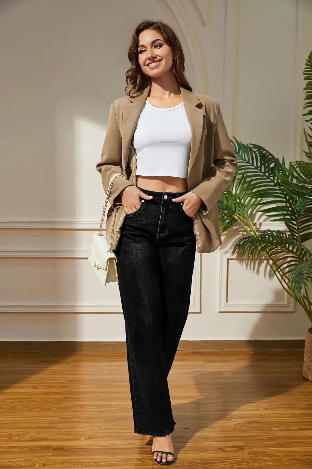 Women's Wide Leg Jeans High Waisted Strechy Jeans for Women Straight Raw Hem Loose Casual Denim