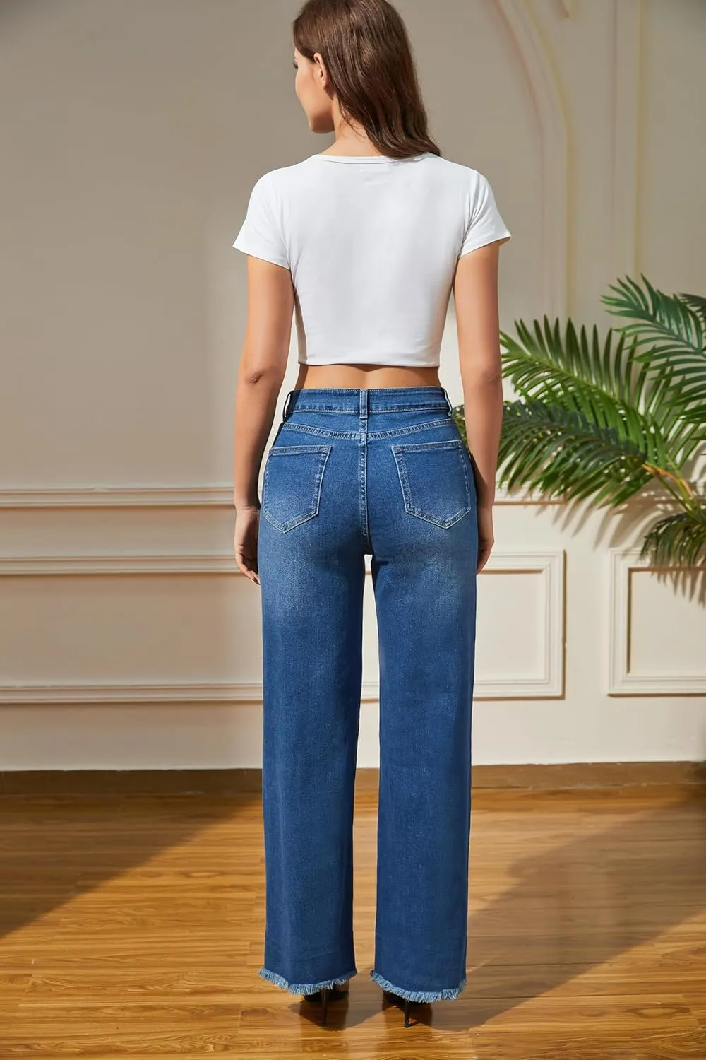 Women's Wide Leg Jeans High Waisted Strechy Jeans for Women Straight Raw Hem Loose Casual Denim