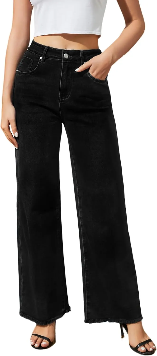 Women's Wide Leg Jeans High Waisted Strechy Jeans for Women Straight Raw Hem Loose Casual Denim