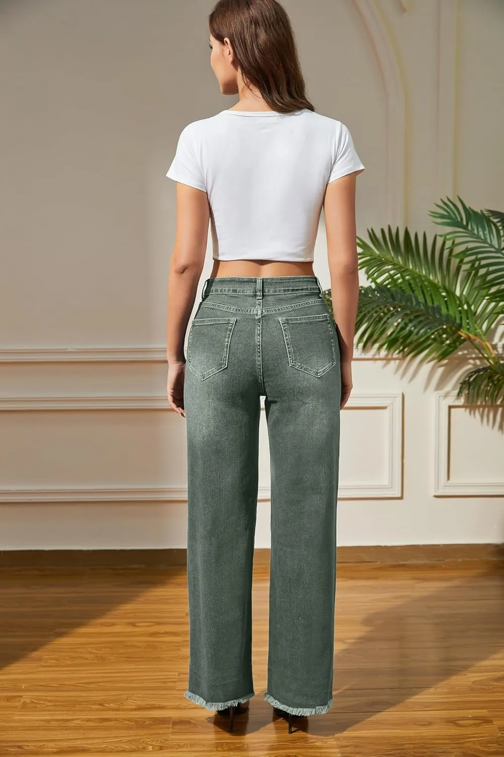Women's Wide Leg Jeans High Waisted Strechy Jeans for Women Straight Raw Hem Loose Casual Denim
