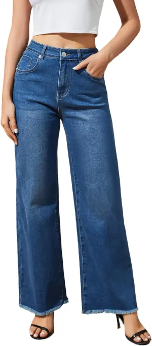 Women's Wide Leg Jeans High Waisted Strechy Jeans for Women Straight Raw Hem Loose Casual Denim