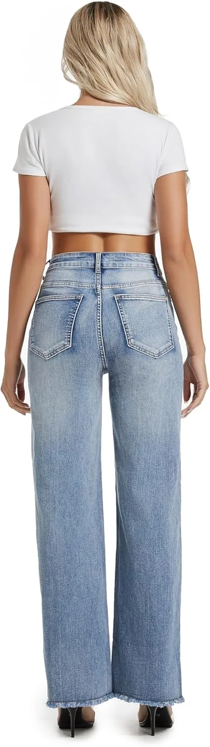 Women's Wide Leg Jeans High Waisted Strechy Jeans for Women Straight Raw Hem Loose Casual Denim