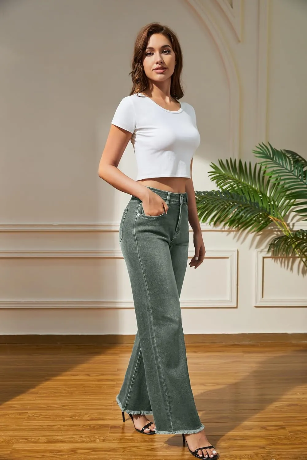Women's Wide Leg Jeans High Waisted Strechy Jeans for Women Straight Raw Hem Loose Casual Denim