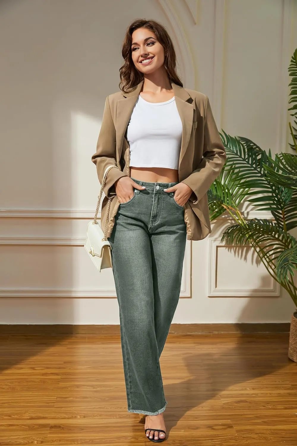 Women's Wide Leg Jeans High Waisted Strechy Jeans for Women Straight Raw Hem Loose Casual Denim