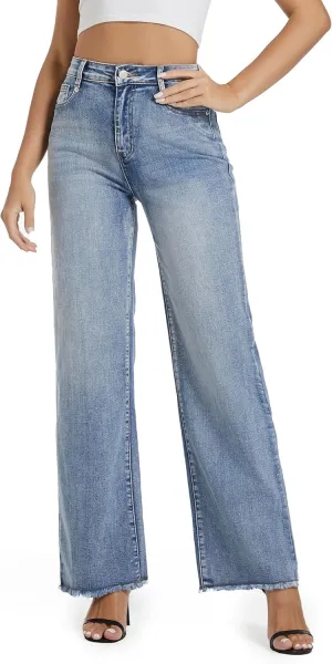 Women's Wide Leg Jeans High Waisted Strechy Jeans for Women Straight Raw Hem Loose Casual Denim