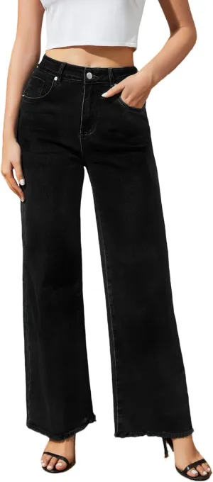 Women's Wide Leg Jeans High Waisted Strechy Jeans for Women Straight Raw Hem Loose Casual Denim