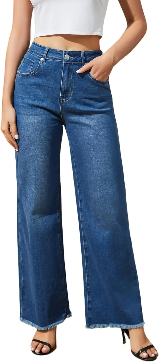 Women's Wide Leg Jeans High Waisted Strechy Jeans for Women Straight Raw Hem Loose Casual Denim