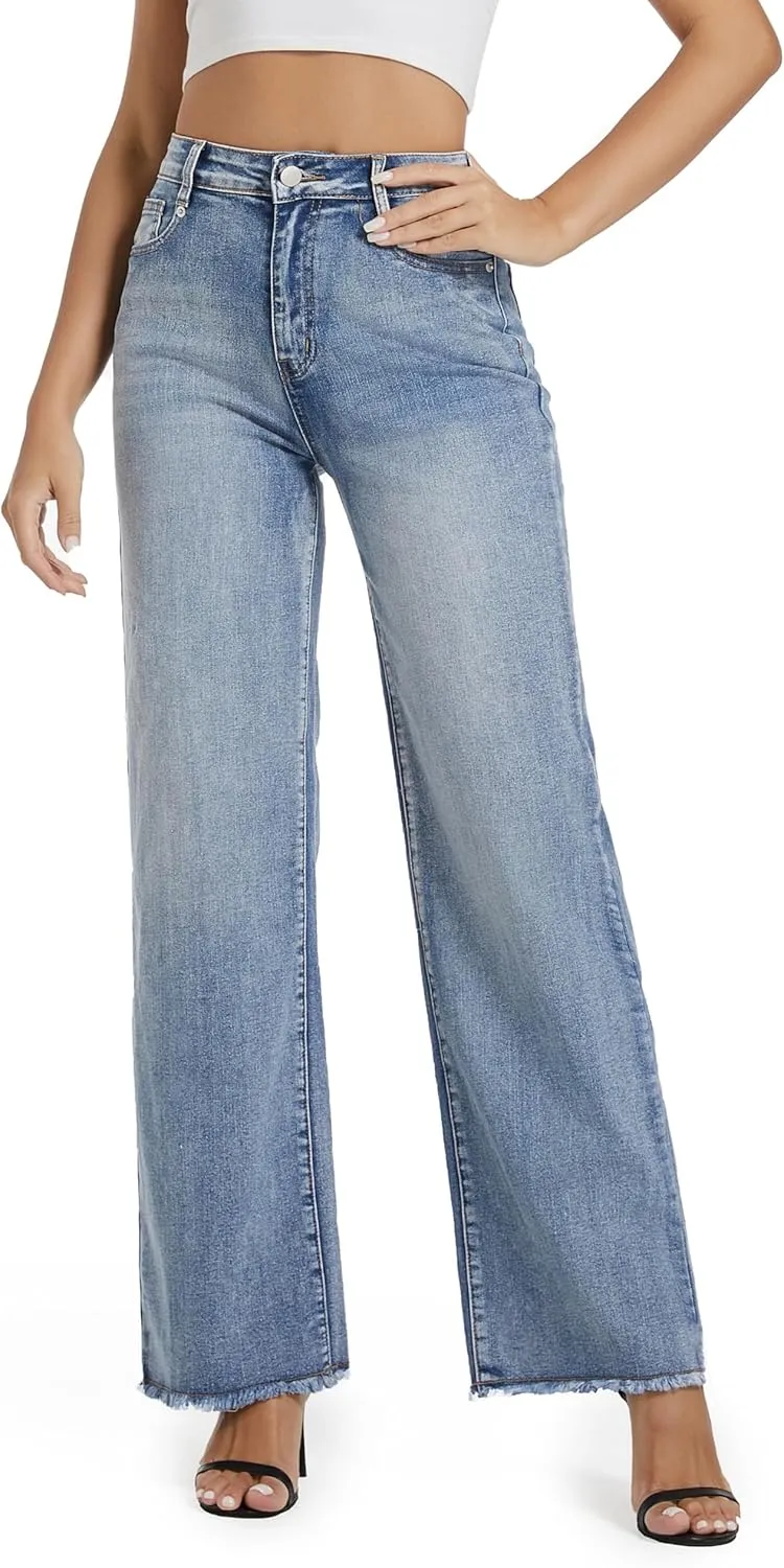 Women's Wide Leg Jeans High Waisted Strechy Jeans for Women Straight Raw Hem Loose Casual Denim
