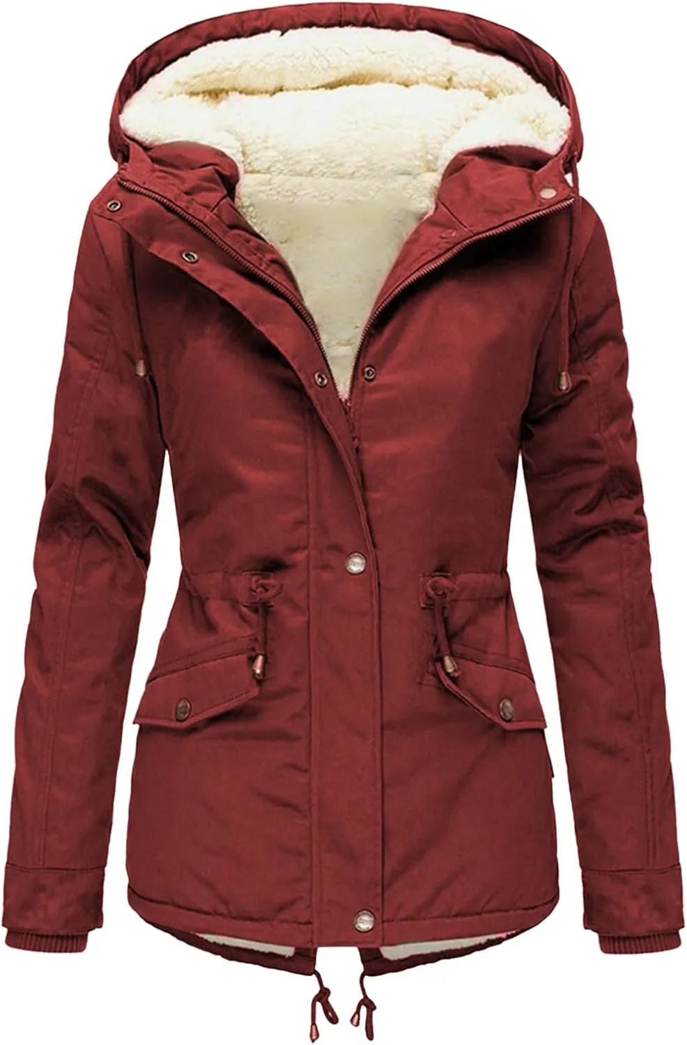 Womens Winter Casual Warm Slim Fleece Coat Long Sleeve Pocket Outwear Thick Solid Button Overcoat Daily Outdoor Clothes