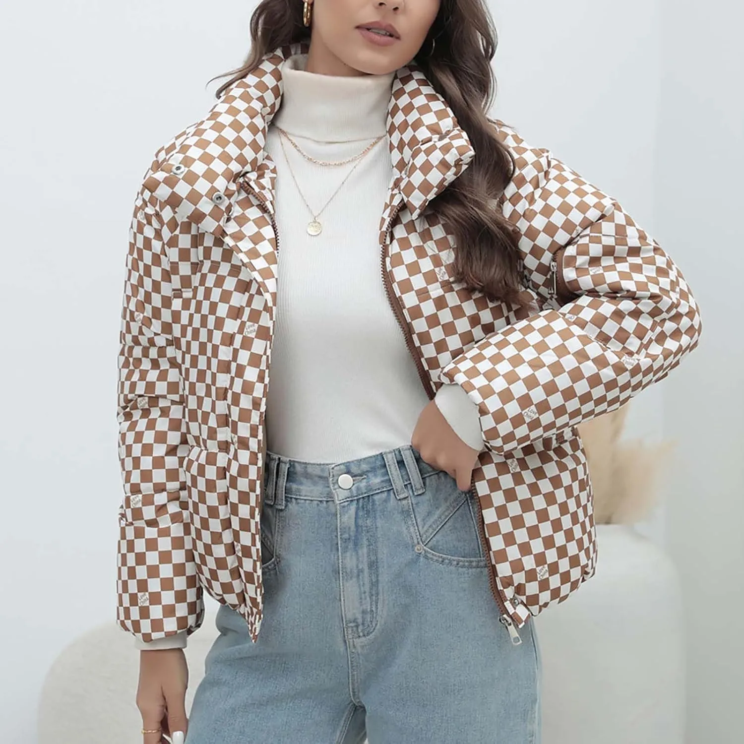 Womens Winter Checkered Puffer Jackets Zip up Stand Collar Quilted down Outerwear Outdoor Comfy Warm Parker Coats