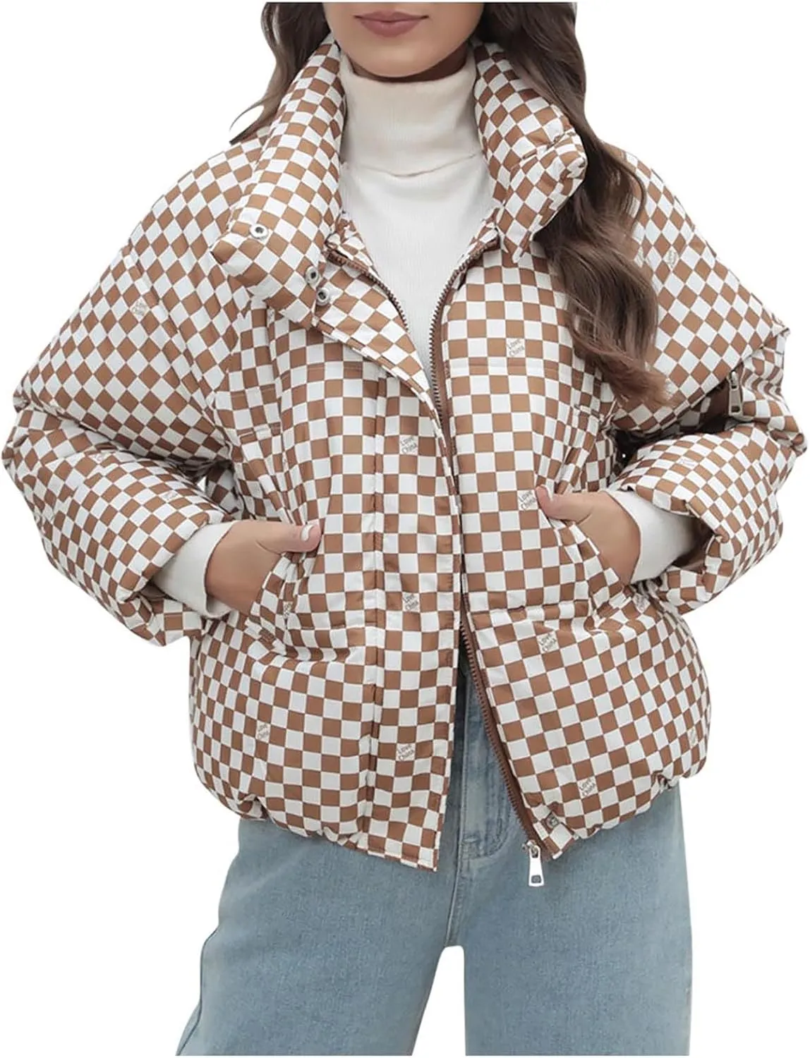 Womens Winter Checkered Puffer Jackets Zip up Stand Collar Quilted down Outerwear Outdoor Comfy Warm Parker Coats