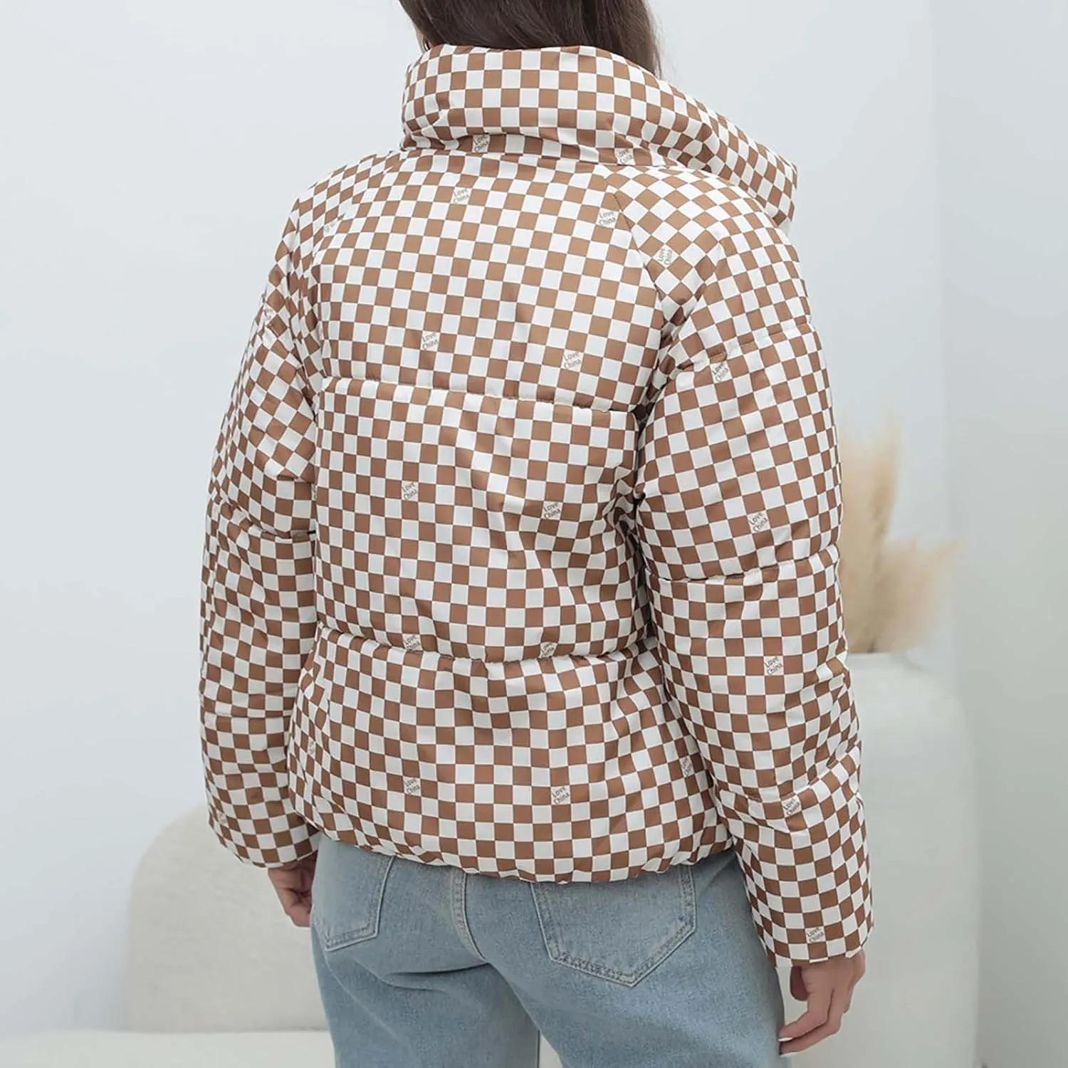 Womens Winter Checkered Puffer Jackets Zip up Stand Collar Quilted down Outerwear Outdoor Comfy Warm Parker Coats
