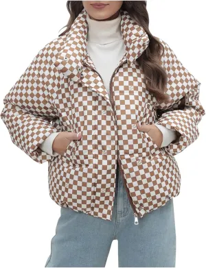 Womens Winter Checkered Puffer Jackets Zip up Stand Collar Quilted down Outerwear Outdoor Comfy Warm Parker Coats
