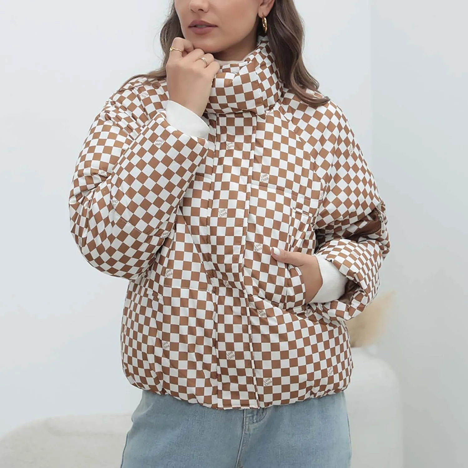 Womens Winter Checkered Puffer Jackets Zip up Stand Collar Quilted down Outerwear Outdoor Comfy Warm Parker Coats