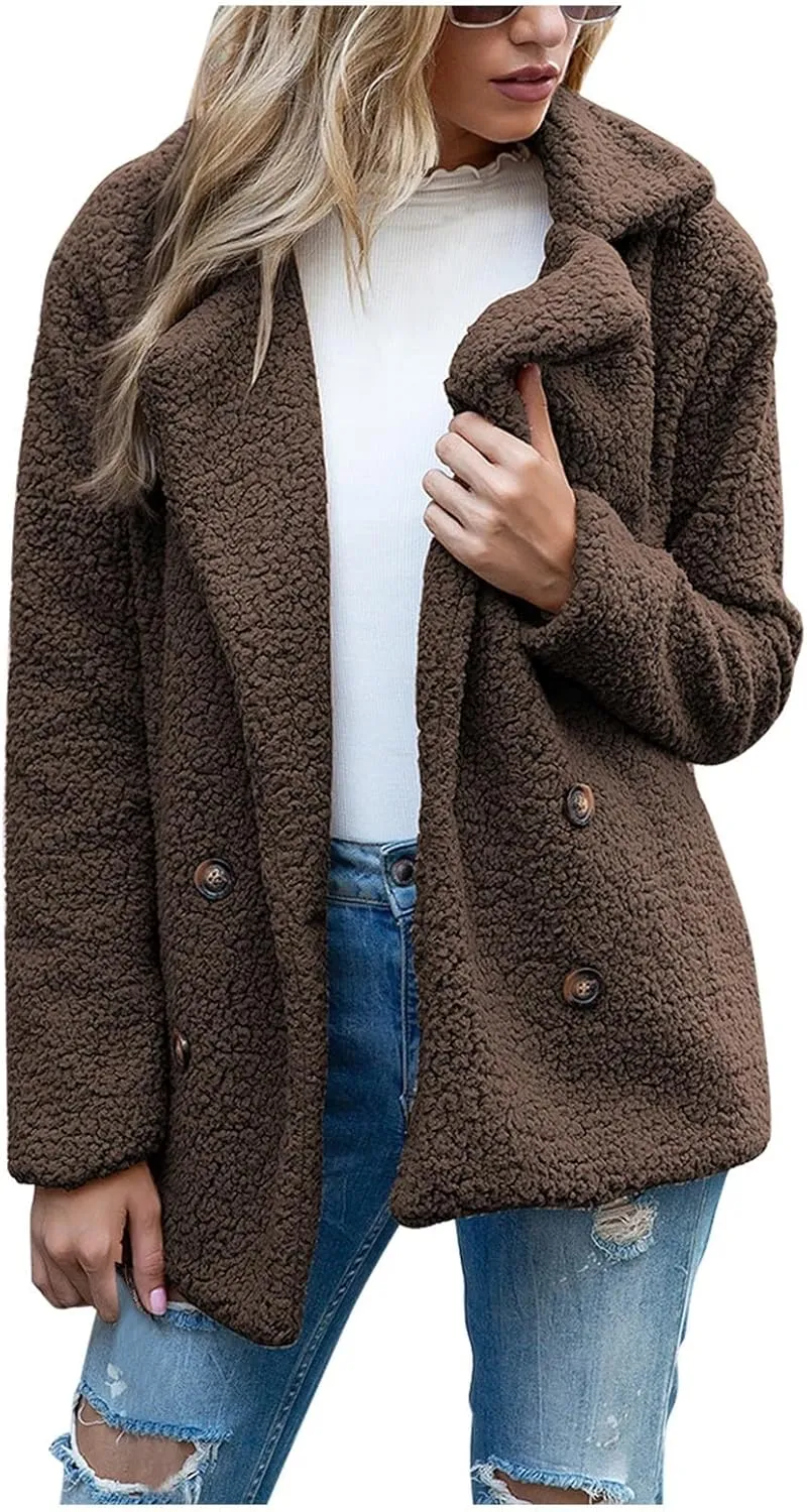 Women's Winter Coats Trendy Double Breasted Fuzzy Fleece Jackets Ladies Faux Fur Casual Fall Jacket Outwear