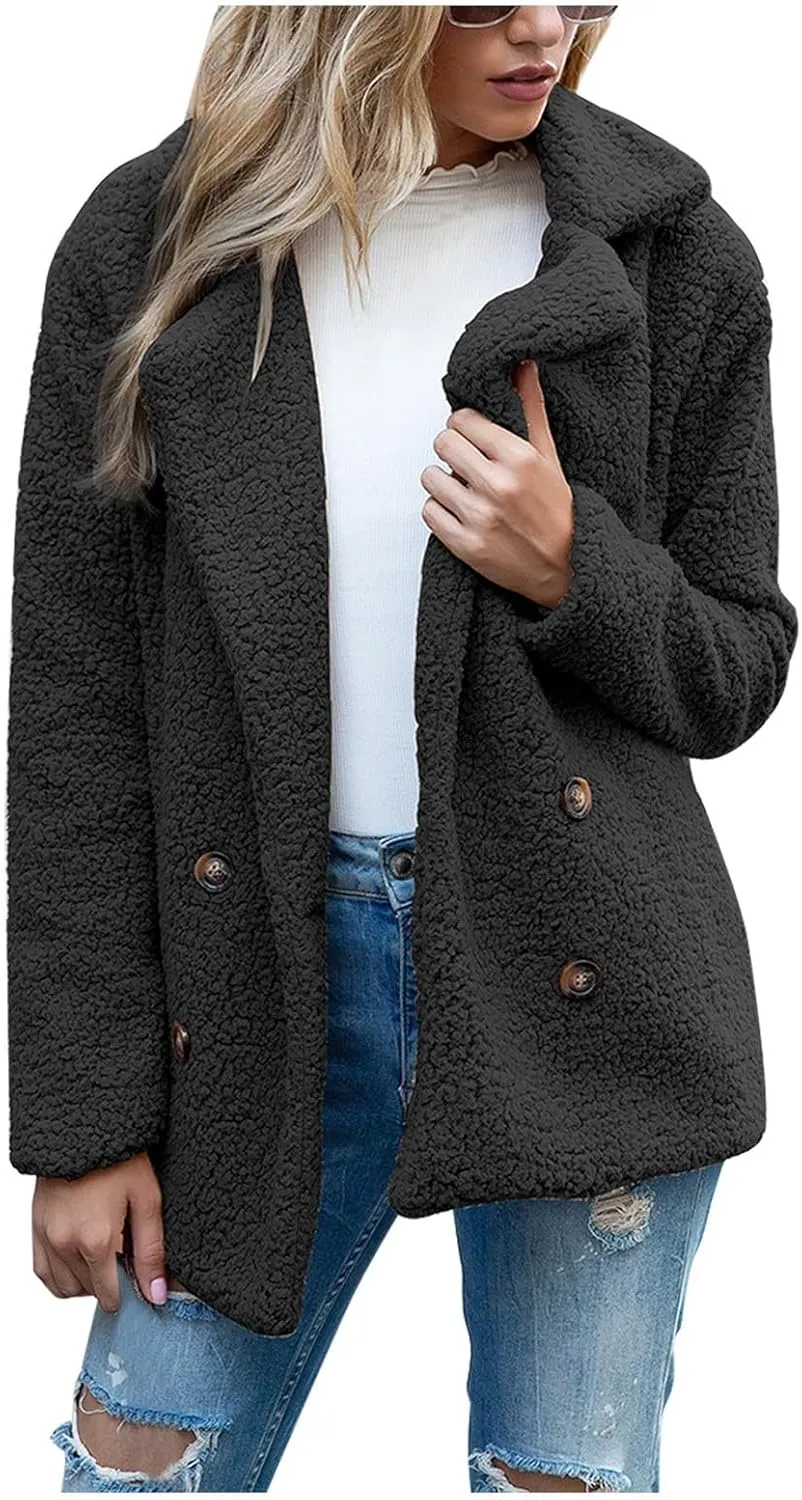Women's Winter Coats Trendy Double Breasted Fuzzy Fleece Jackets Ladies Faux Fur Casual Fall Jacket Outwear