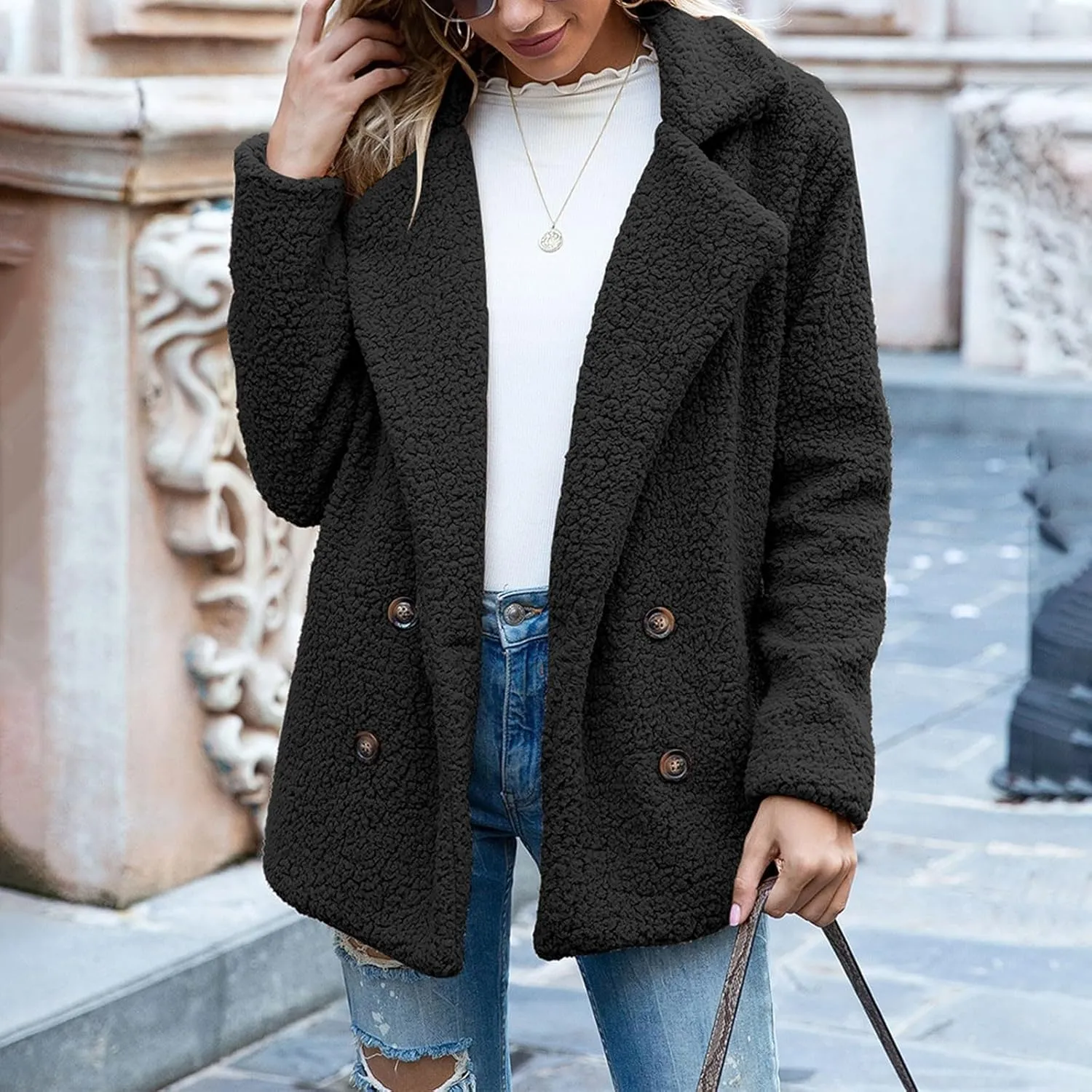 Women's Winter Coats Trendy Double Breasted Fuzzy Fleece Jackets Ladies Faux Fur Casual Fall Jacket Outwear