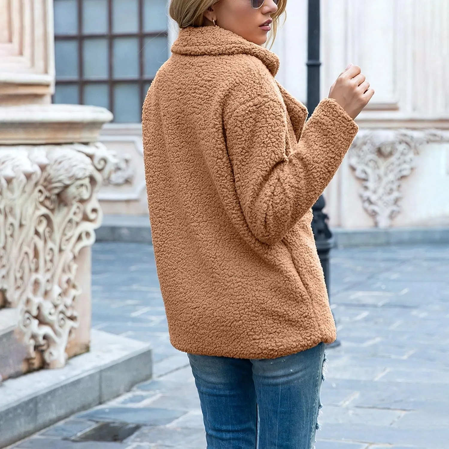 Women's Winter Coats Trendy Double Breasted Fuzzy Fleece Jackets Ladies Faux Fur Casual Fall Jacket Outwear