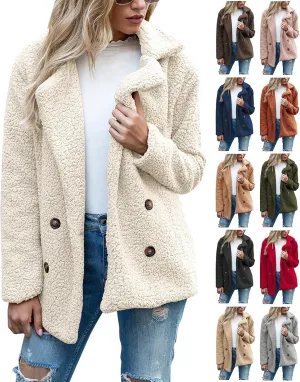 Women's Winter Coats Trendy Double Breasted Fuzzy Fleece Jackets Ladies Faux Fur Casual Fall Jacket Outwear
