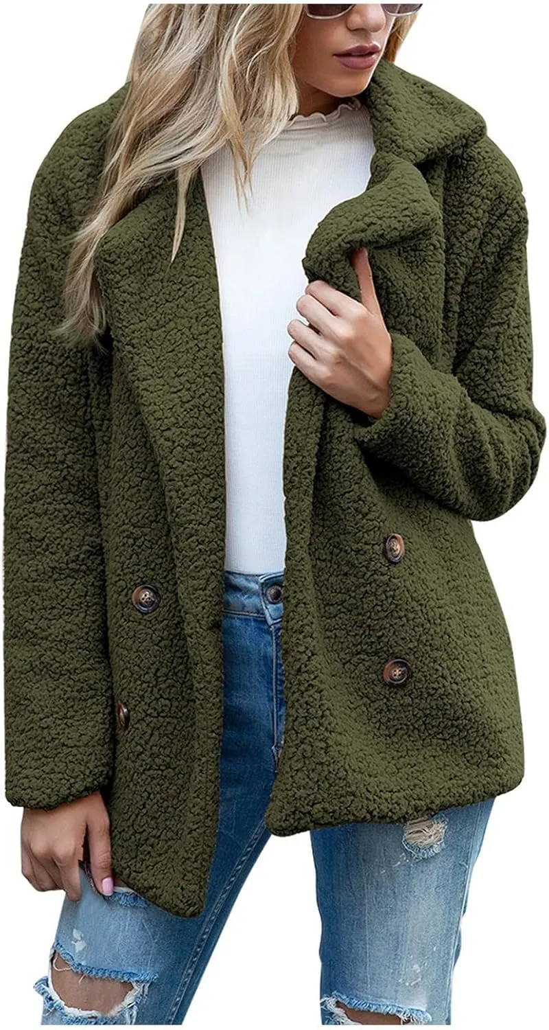 Women's Winter Coats Trendy Double Breasted Fuzzy Fleece Jackets Ladies Faux Fur Casual Fall Jacket Outwear