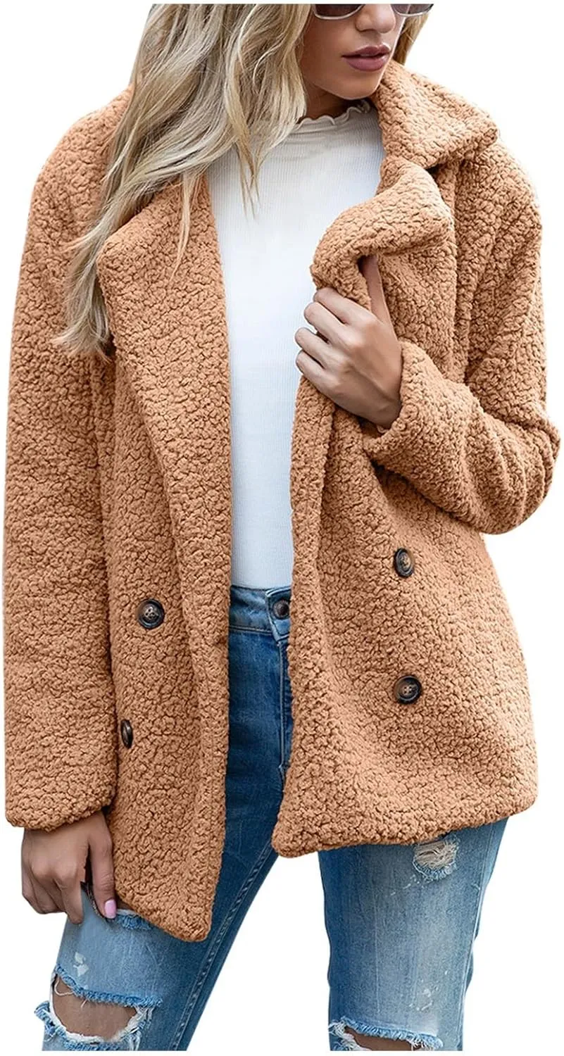 Women's Winter Coats Trendy Double Breasted Fuzzy Fleece Jackets Ladies Faux Fur Casual Fall Jacket Outwear