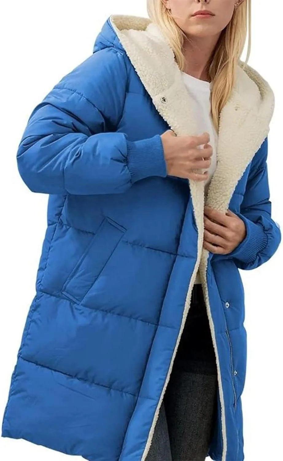 Women's Winter Puffer Coat Thicken Fleece Lined Down Jacket Warm Sherpa Coats Long Hooded Snow Jackets