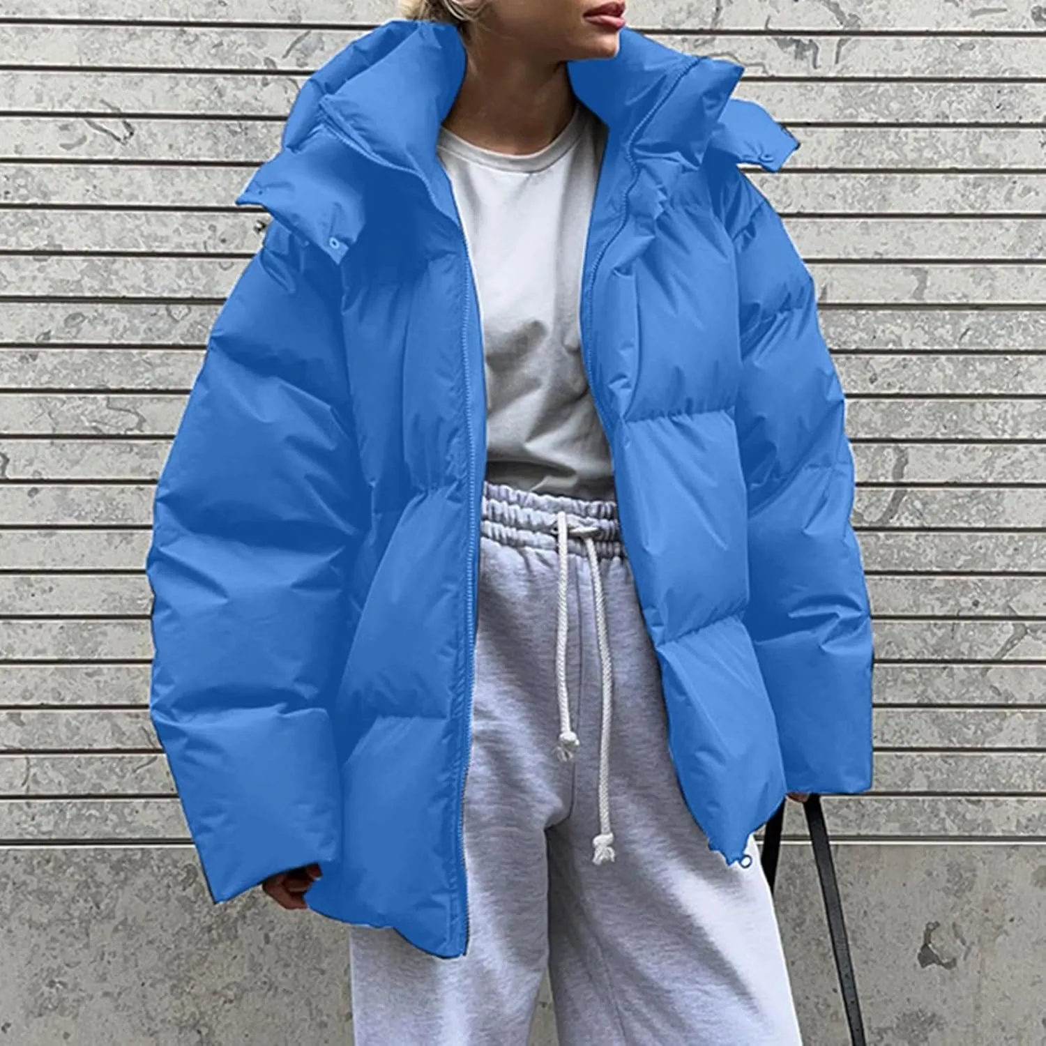 Womens Winter Thick Full Zip Solid Puffer Coat Long Sleeve Casual Down Coat Insulated Fitted Soft Overcoat Daily Suits