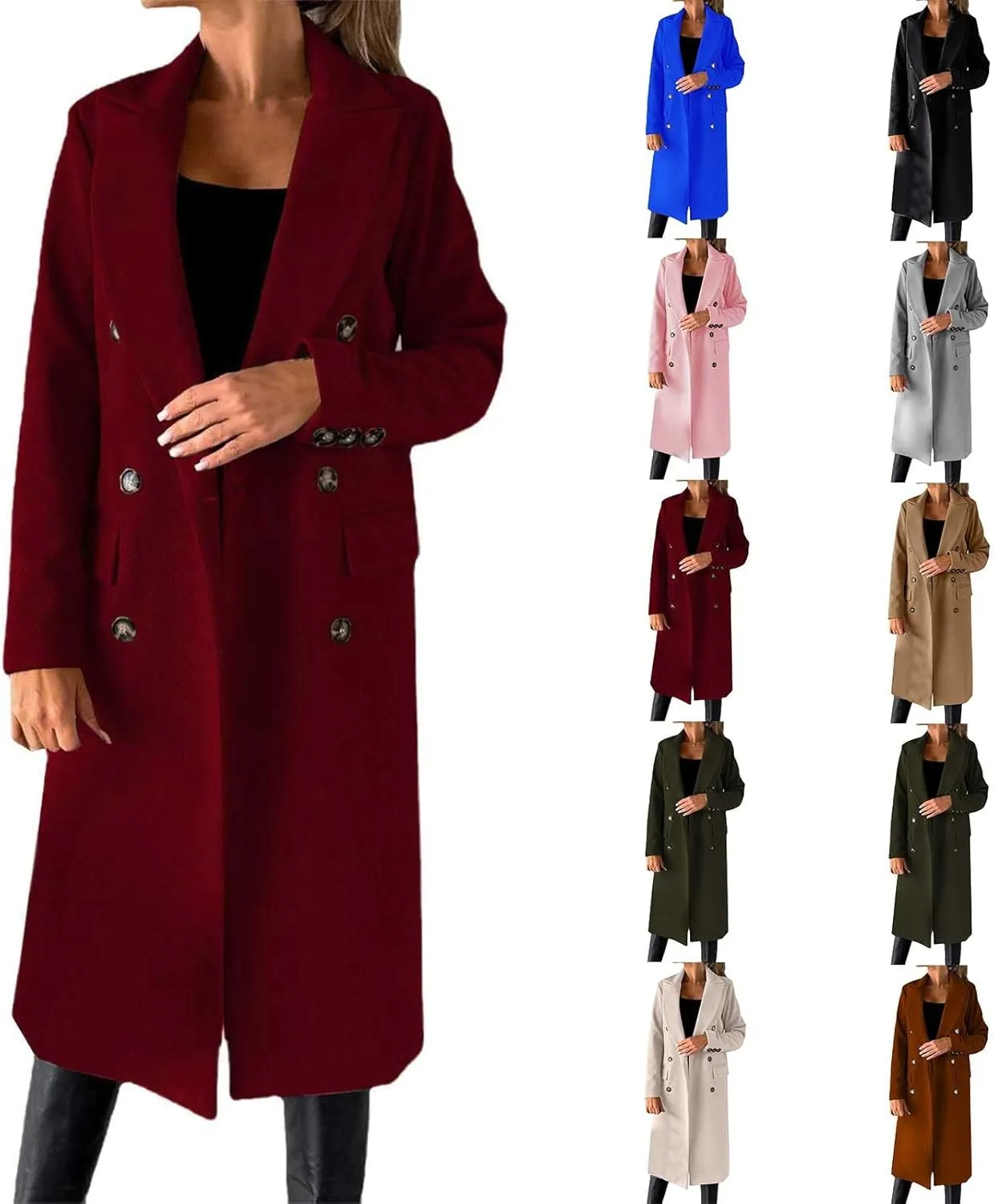 Women's Winter Trench Coats Classic Lapel Single Breasted Long Pea Coats Oversized Casual Formal Office Wool Overcoat