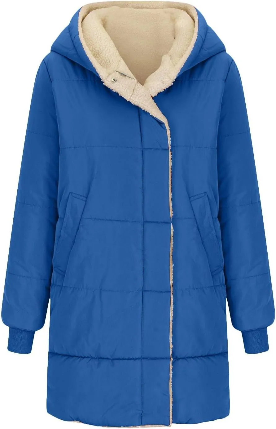 Womens Winter Warm Coats Sherpa Fleece Lined Puffer Jackets Thickened Long Hooded Down Outerwear Fashions 2024