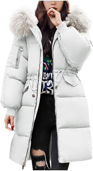 Women's Winter Warm Winter Mid Lenght Down Puffer Coats Ladies Lightweight Jackets with Hood Plus Size Slim Trench