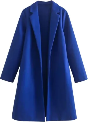 Women's Winter Wool Blend Coat Notch Lapel Open Front Cardigan Peacoat Casual Loose Warm Overcoat Mid-Long Outerwear