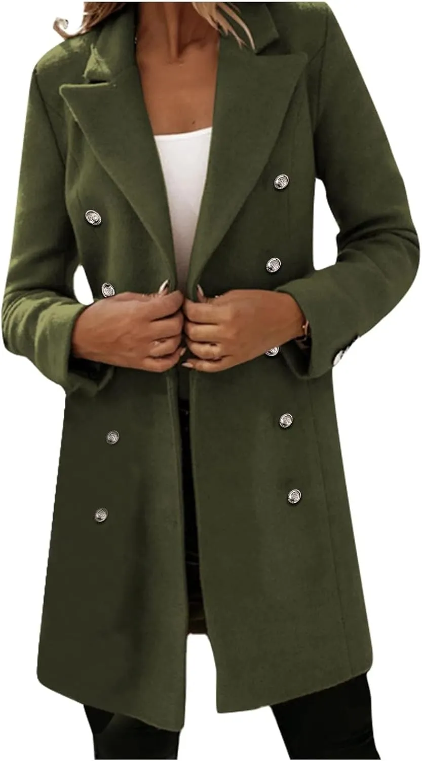 Women's Winter Wool Coat Elegant Notched Collar Double Breasted Wool Blend Over Coat Jacket Mid Long Pea Trench Coat