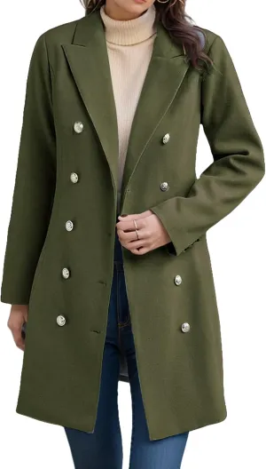 Women's Winter Wool Coat Elegant Notched Collar Double Breasted Wool Blend Over Coat Jacket Mid Long Pea Trench Coat