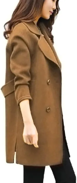 Womens Winter Wool Coats Mid Length Notch Lapel Double Breasted Overcoat, Side Split Thick Pea Coats Business Jacket