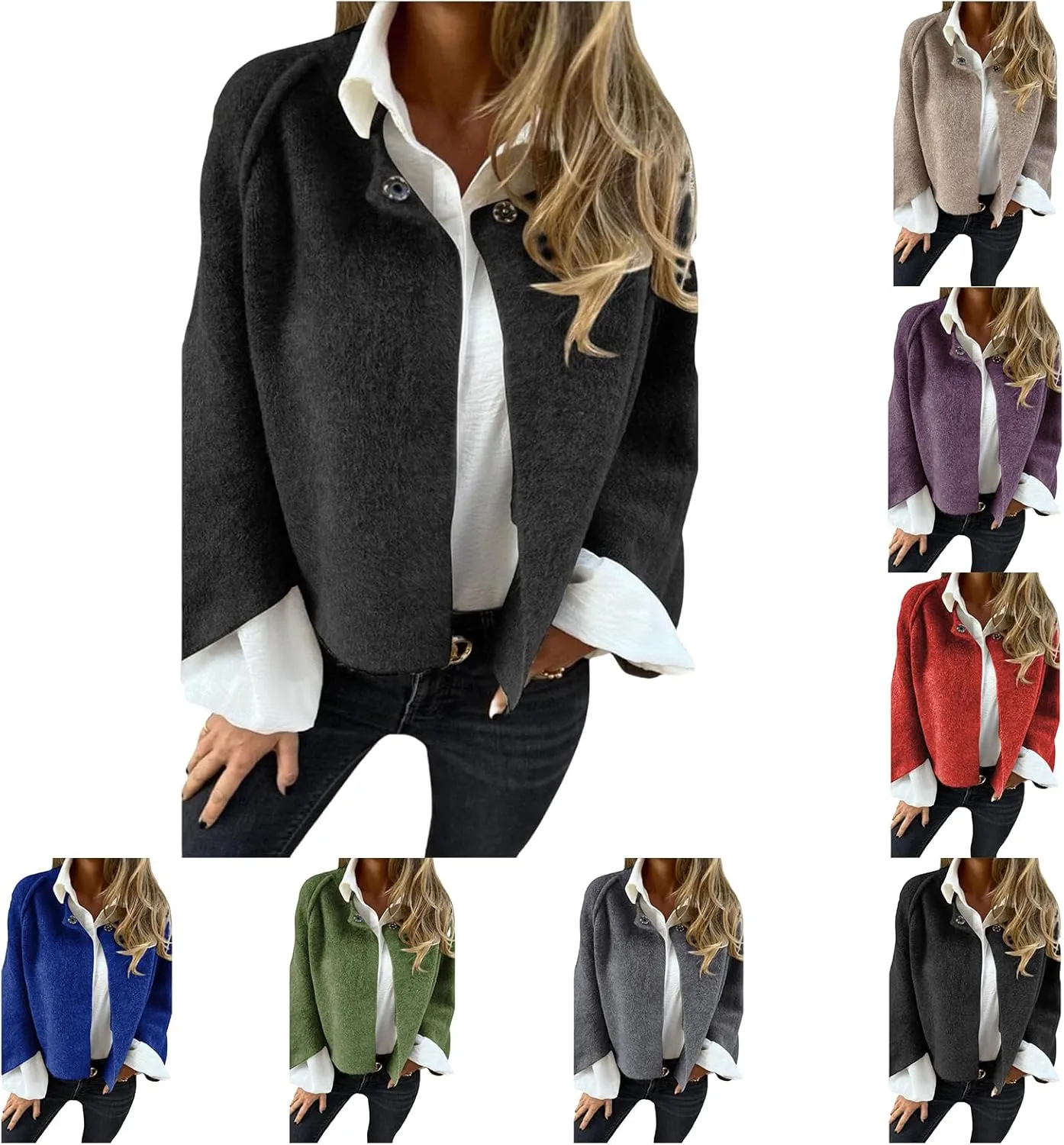 Women's Wool Blend Coat Casual Long Sleeve Lapel Collar Trench Jacket Lightweight Button Open Front Cardigan Outwear