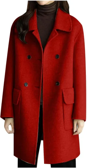 Womens Wool Blend Pea Coat Lapel Double Breasted Outerwear Trendy Jacket Business Overcoat Trench Coats with Pocket